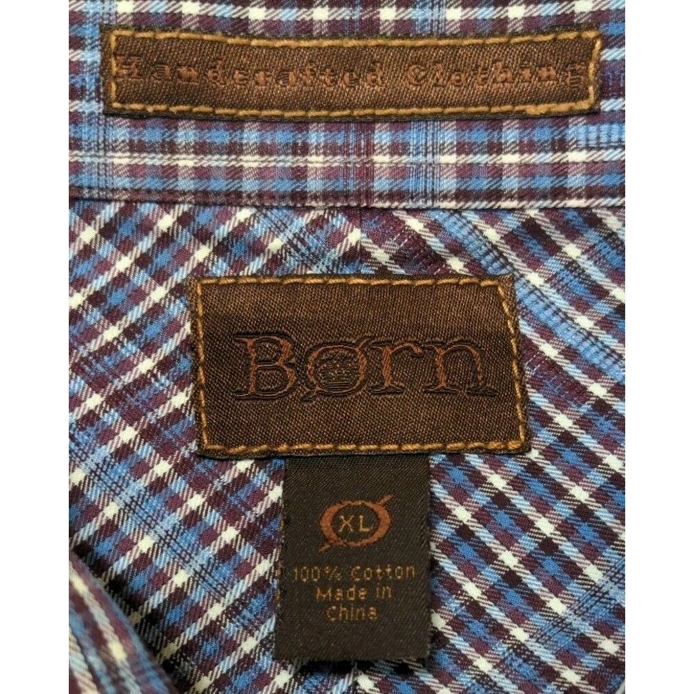 BORN Handcrafted Clothing Button Down Shirt Men's XL Purple Blue Plaid L/S - Picture 6 of 8
